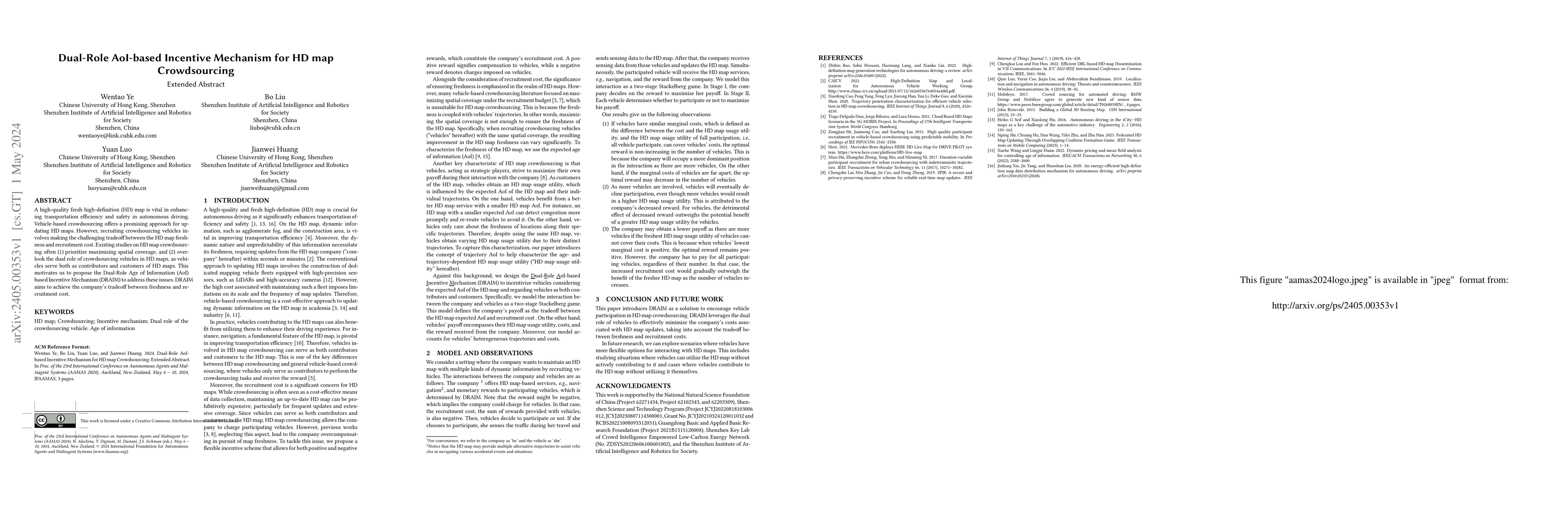 Thumbnail for Dual-Role AoI-based Incentive Mechanism for HD map Crowdsourcing