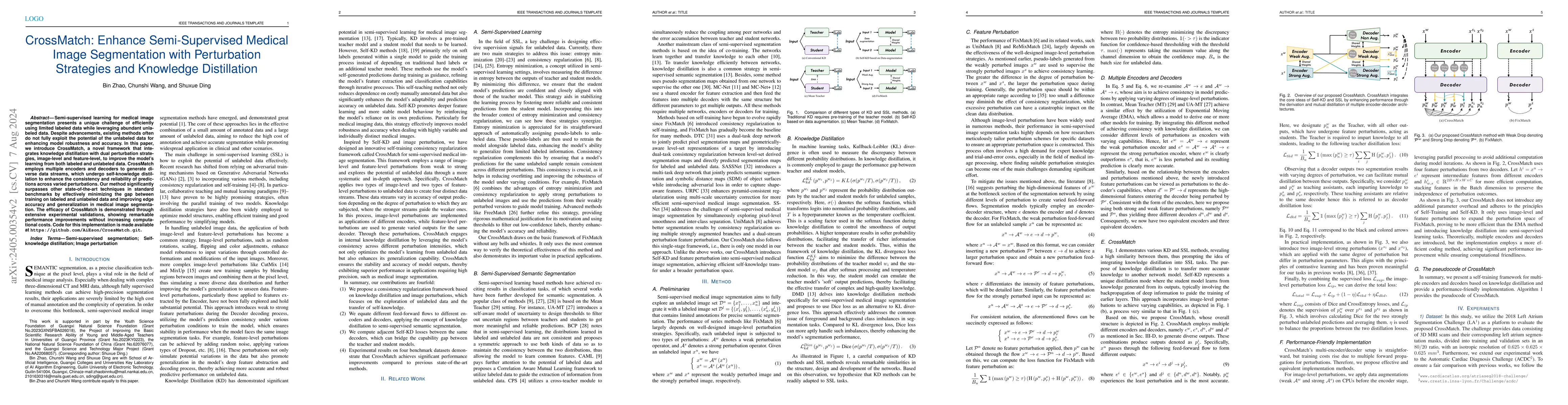 Thumbnail for CrossMatch: Enhance Semi-Supervised Medical Image Segmentation with
  Perturbation Strategies and Knowledge Distillation