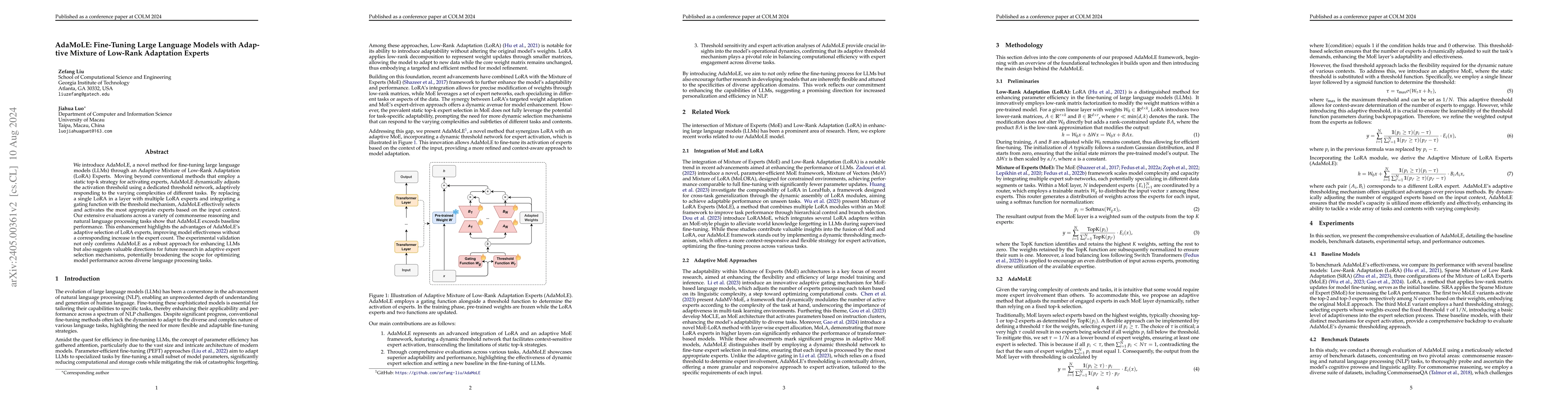 Thumbnail for AdaMoLE: Fine-Tuning Large Language Models with Adaptive Mixture of
  Low-Rank Adaptation Experts