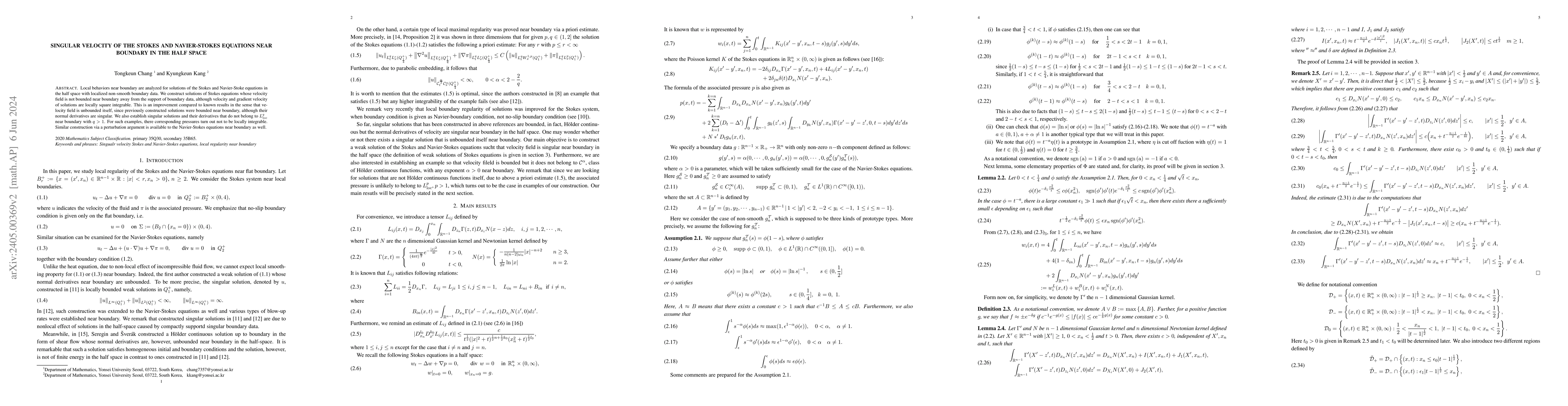 Thumbnail for Singular velocity of the Stokes and Navier-Stokes equations near
  boundary in the half space