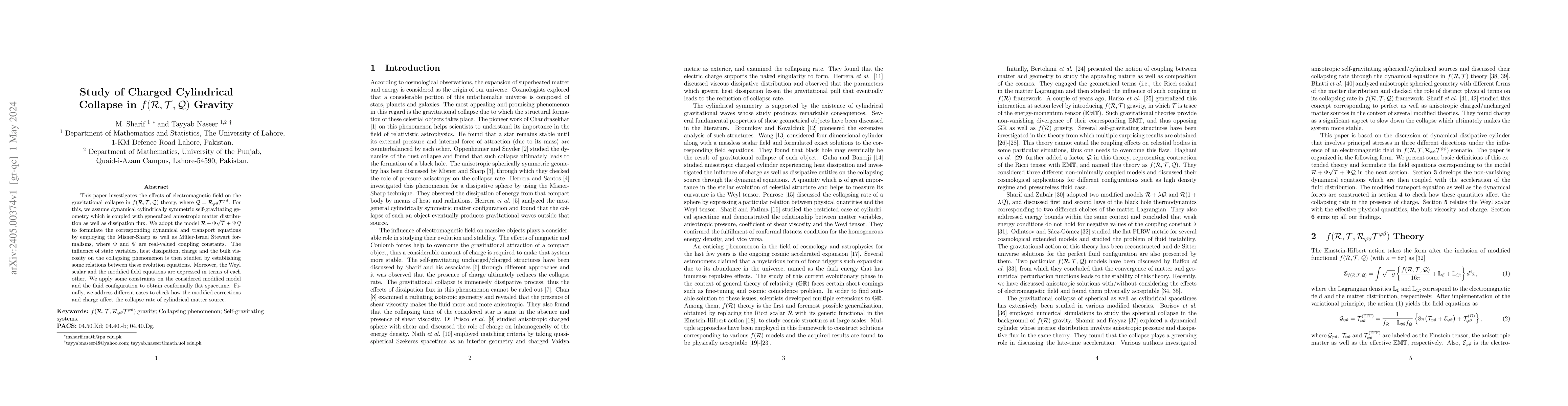 Thumbnail for Study of Charged Cylindrical Collapse in
  $f(\mathcal{R},\mathcal{T},\mathcal{Q})$ Gravity