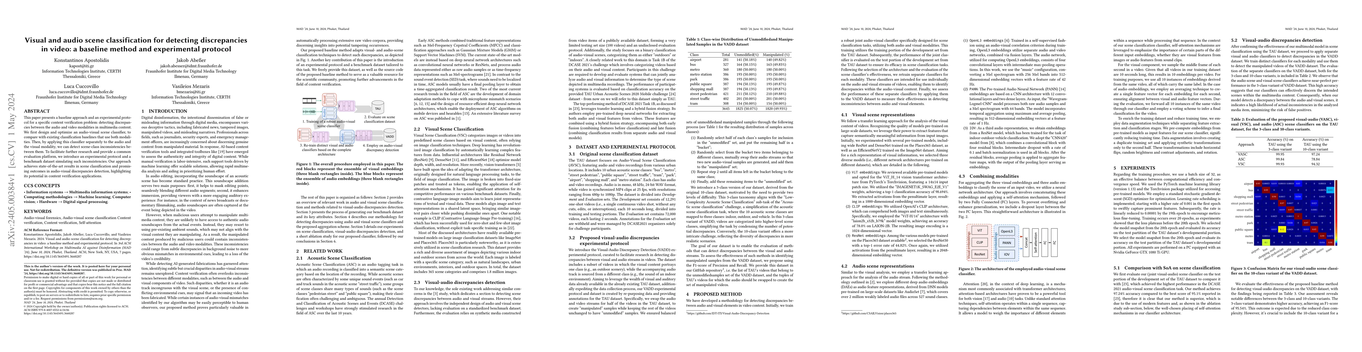 Thumbnail for Visual and audio scene classification for detecting discrepancies in
  video: a baseline method and experimental protocol