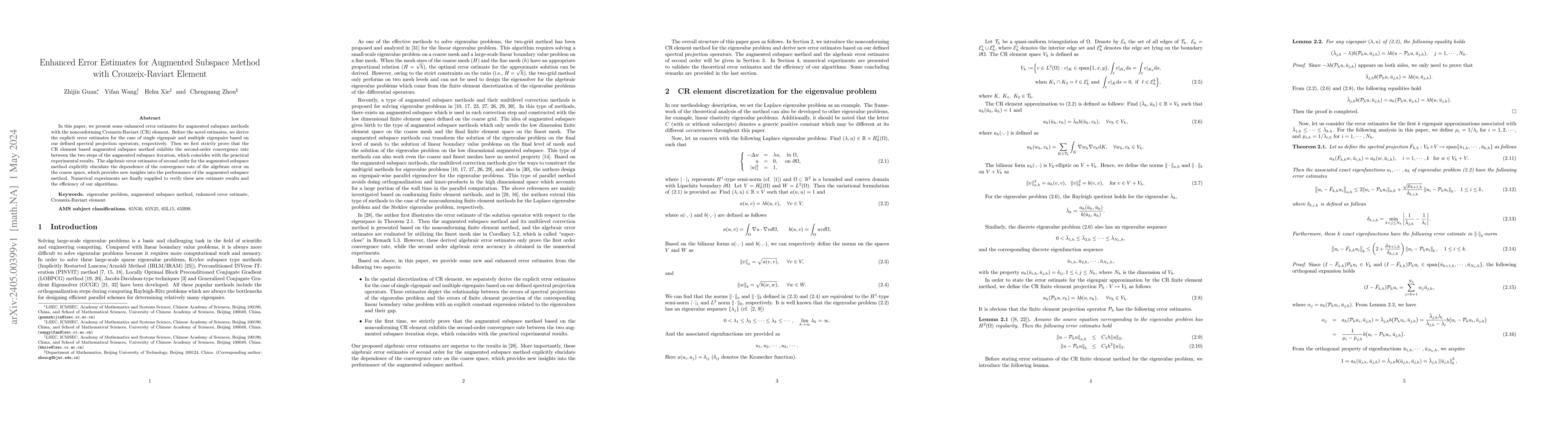 Thumbnail for Enhanced Error Estimates for Augmented Subspace Method with
  Crouzeix-Raviart Element