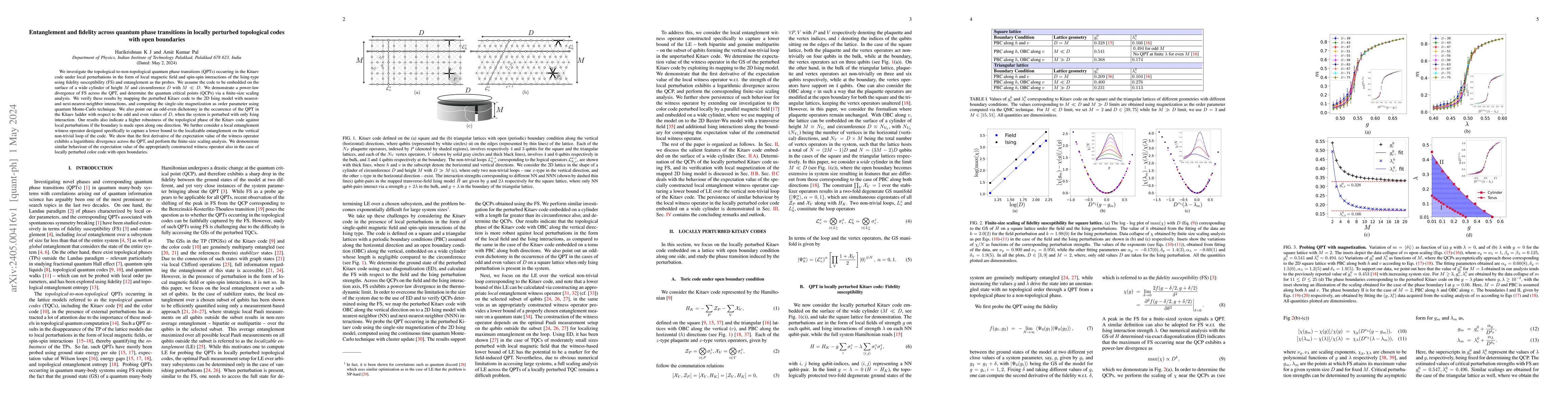 Thumbnail for Entanglement and fidelity across quantum phase transitions in locally
  perturbed topological codes with open boundaries
