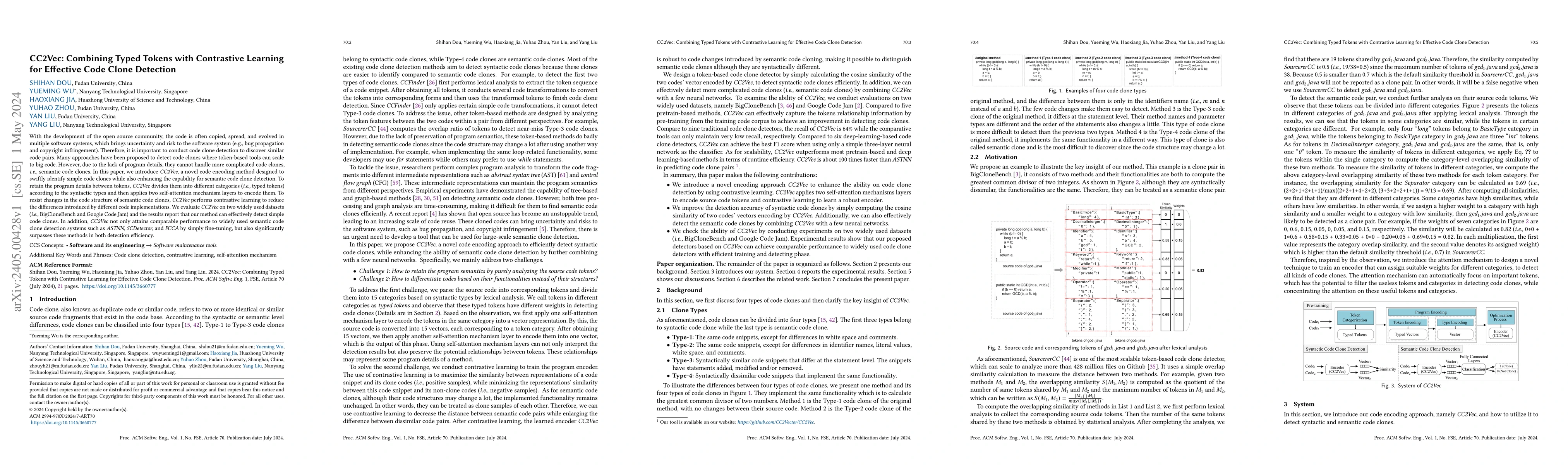 Thumbnail for CC2Vec: Combining Typed Tokens with Contrastive Learning for Effective
  Code Clone Detection