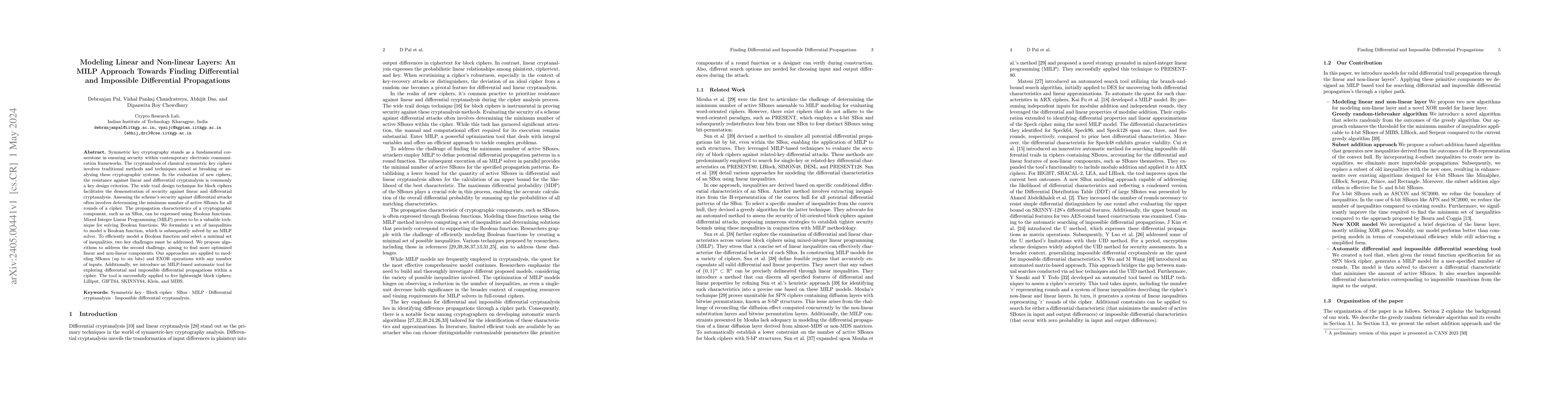 Thumbnail for Modeling Linear and Non-linear Layers: An MILP Approach Towards Finding
  Differential and Impossible Differential Propagations