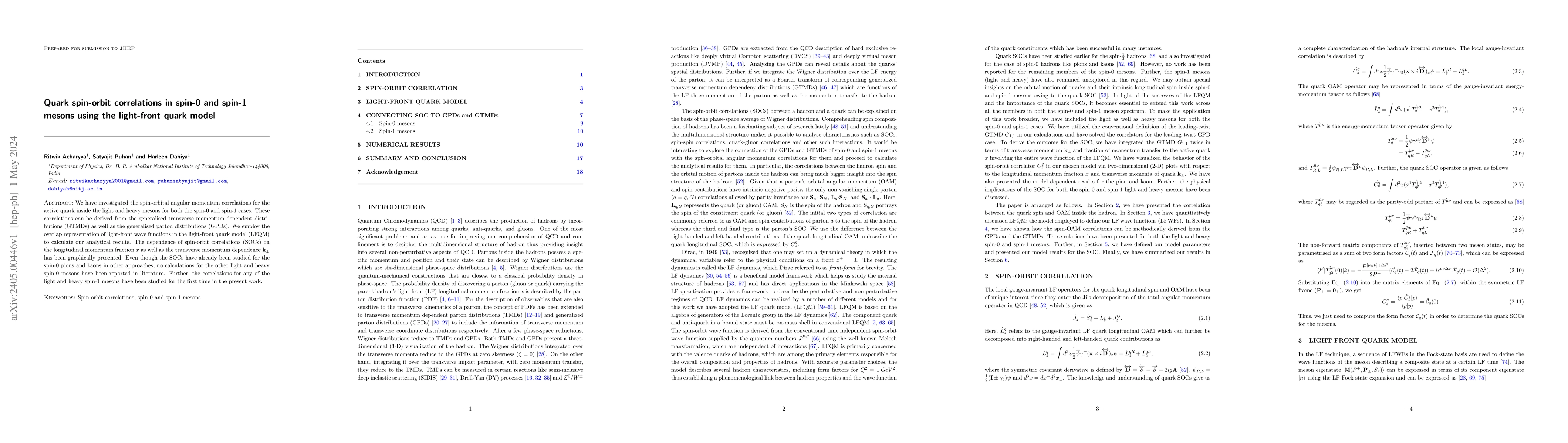 Thumbnail for Quark spin-orbit correlations in spin-0 and spin-1 mesons using the
  light-front quark model