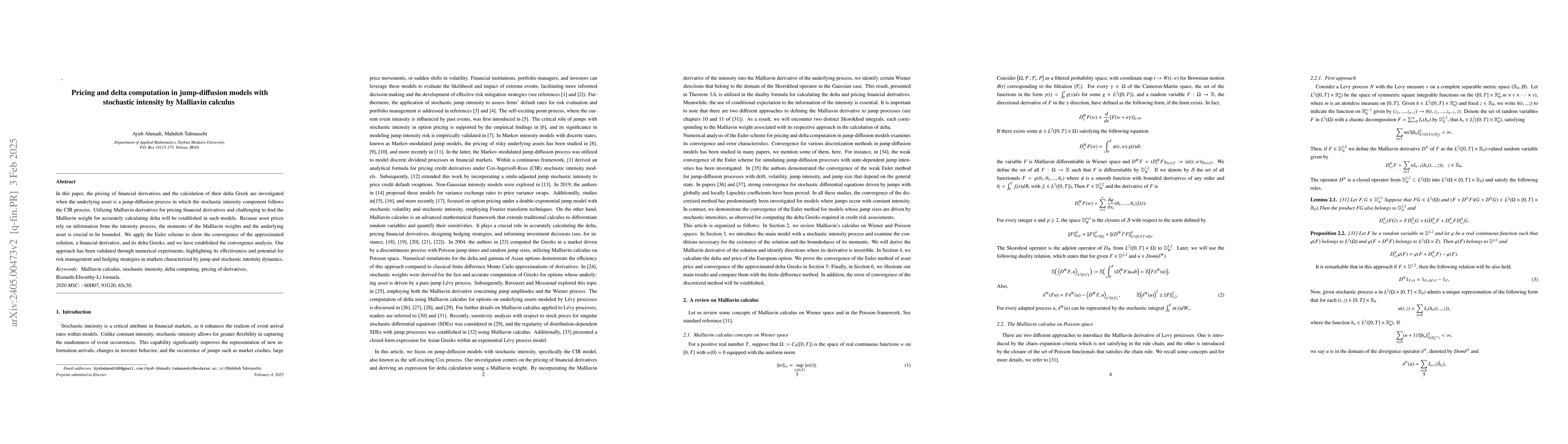 Thumbnail for Pricing and delta computation in jump-diffusion models with stochastic
  intensity by Malliavin calculus