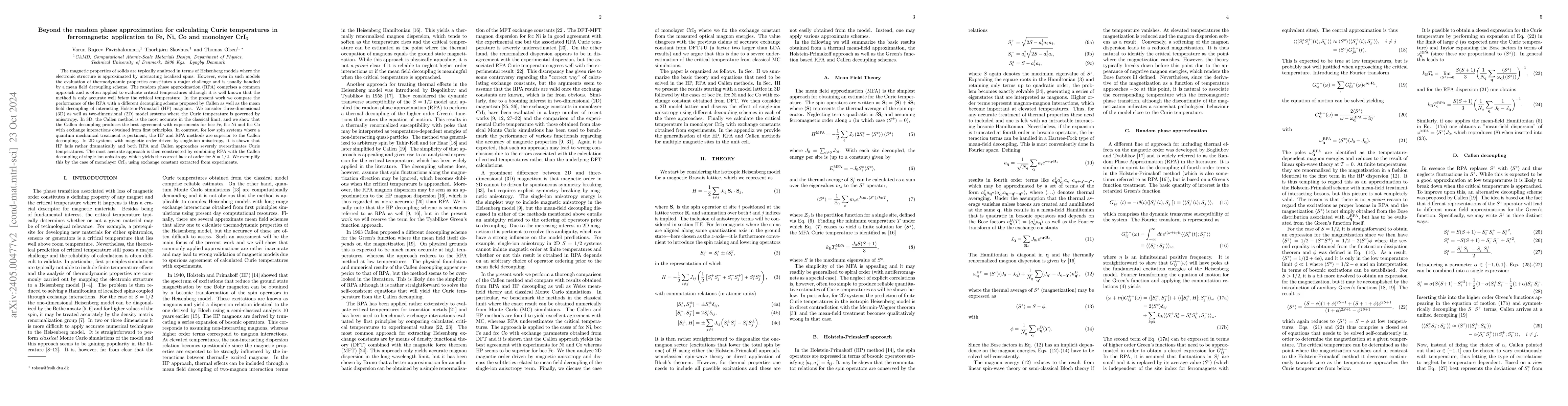 Thumbnail for Beyond the random phase approximation for calculating Curie temperatures
  in ferromagnets: application to Fe, Ni, Co and monolayer CrI3
