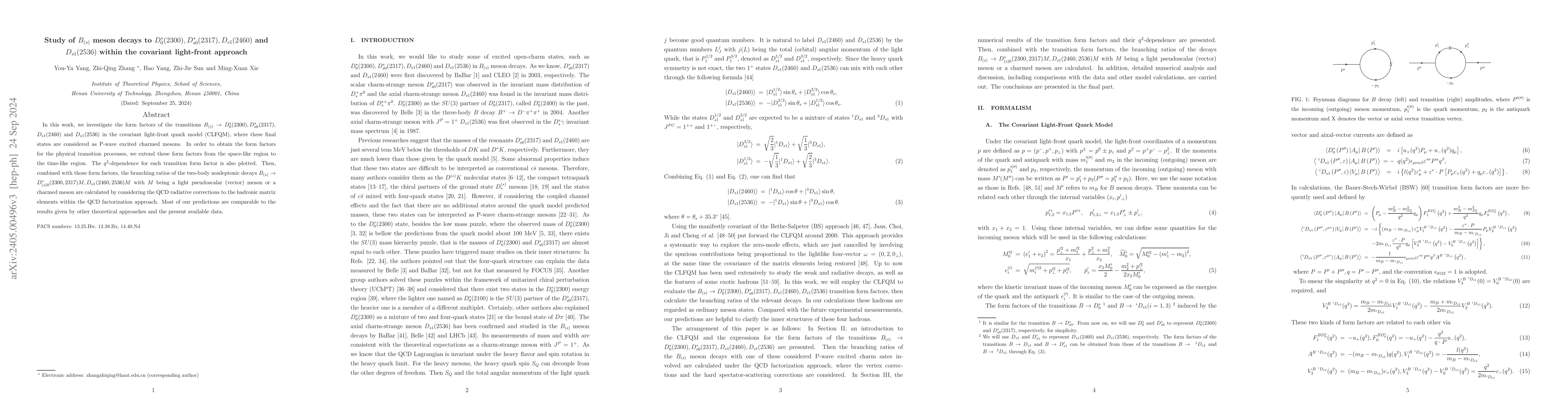 Thumbnail for Study of $B_{(s)}$ meson decays to $D_{0}^{\ast}(2300)
  ,D_{s0}^{\ast}(2317) , D_{s1}(2460)$ and $D_{s1}(2536)$ within the covariant
  light-front approach