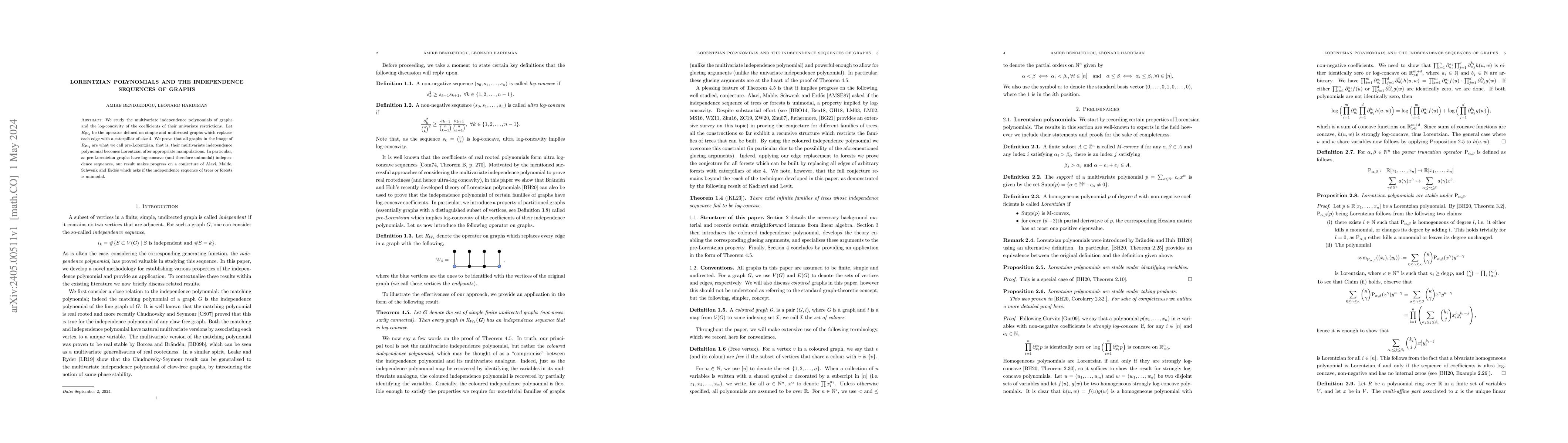Thumbnail for Lorentzian polynomials and the independence sequences of graphs