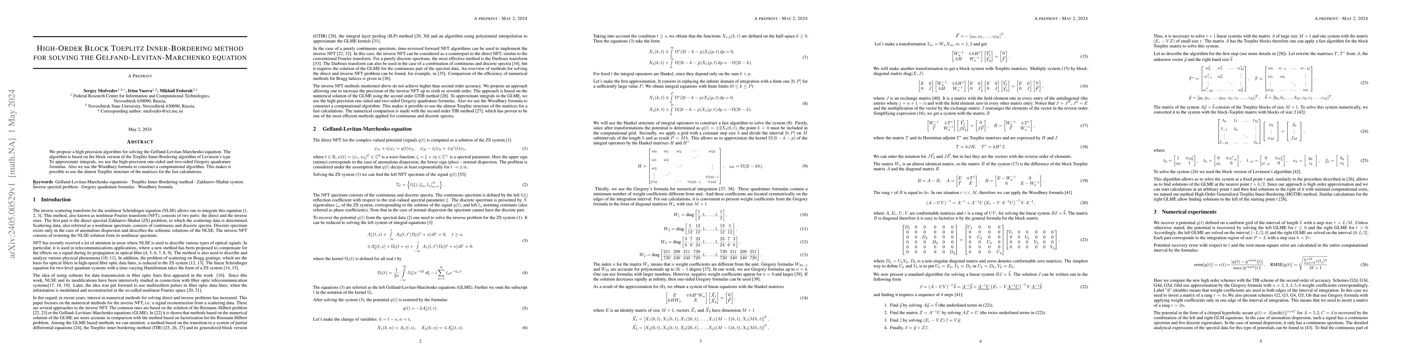 Thumbnail for High-Order Block Toeplitz Inner-Bordering method for solving the
  Gelfand-Levitan-Marchenko equation