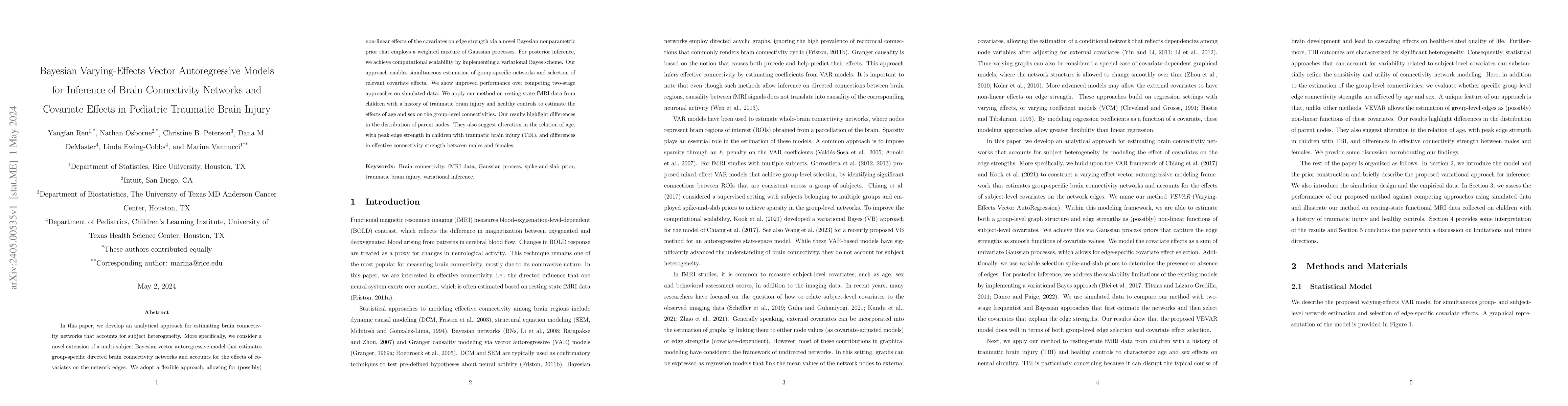 Thumbnail for Bayesian Varying-Effects Vector Autoregressive Models for Inference of
  Brain Connectivity Networks and Covariate Effects in Pediatric Traumatic
  Brain Injury