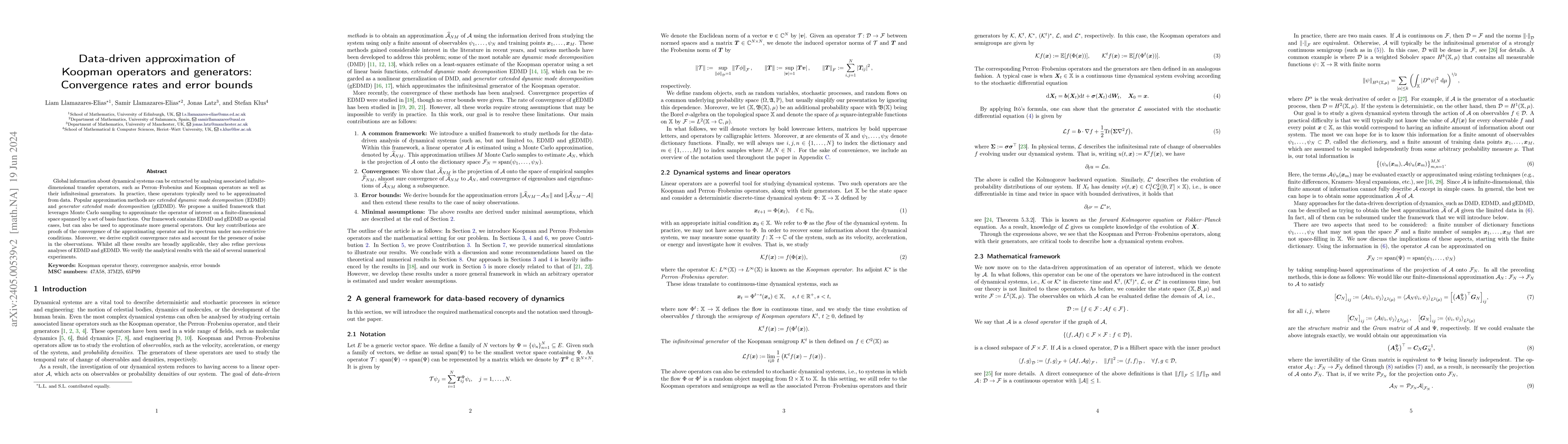 Thumbnail for Data-driven approximation of Koopman operators and generators:
  Convergence rates and error bounds