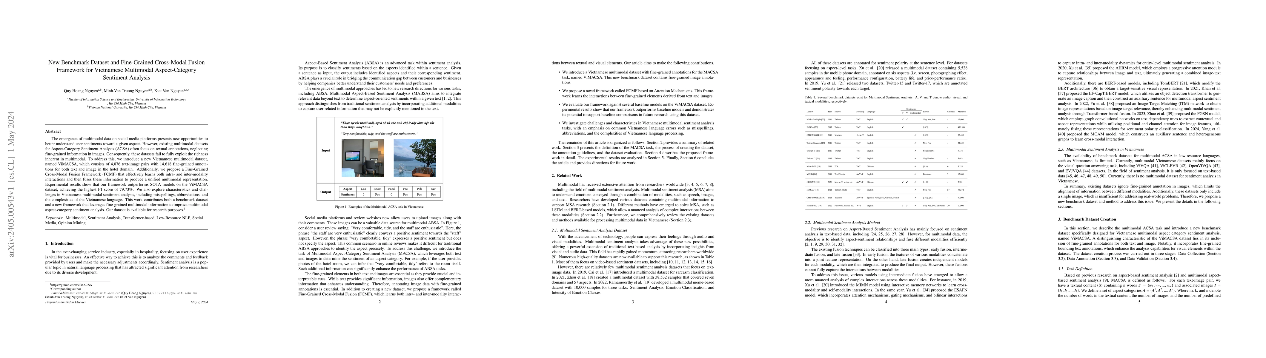 Thumbnail for New Benchmark Dataset and Fine-Grained Cross-Modal Fusion Framework for
  Vietnamese Multimodal Aspect-Category Sentiment Analysis