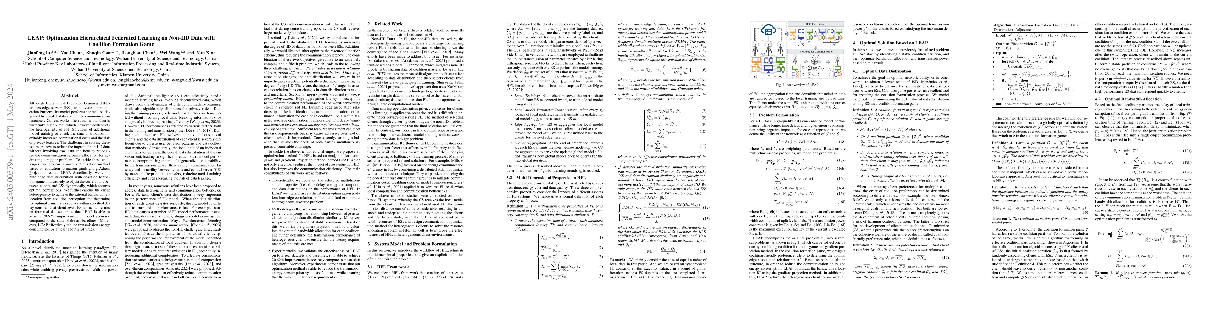 Thumbnail for LEAP: Optimization Hierarchical Federated Learning on Non-IID Data with
  Coalition Formation Game