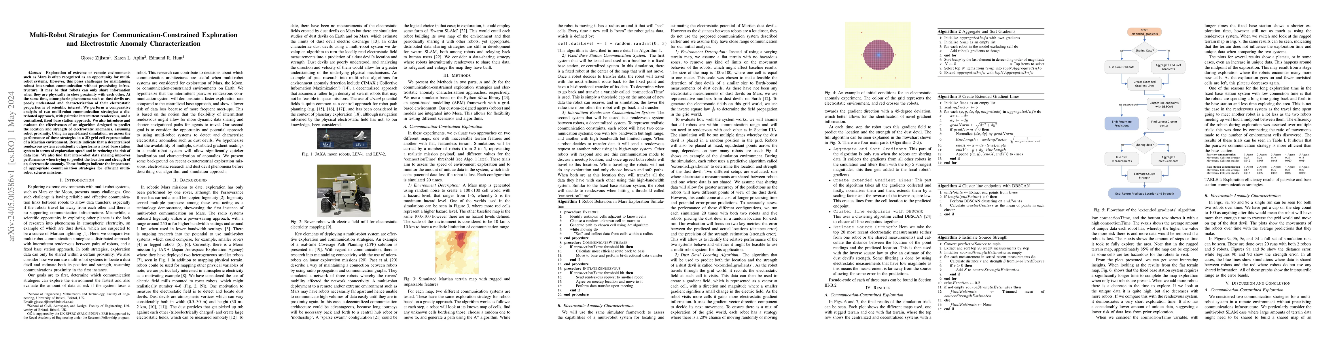 Thumbnail for Multi-Robot Strategies for Communication-Constrained Exploration and
  Electrostatic Anomaly Characterization