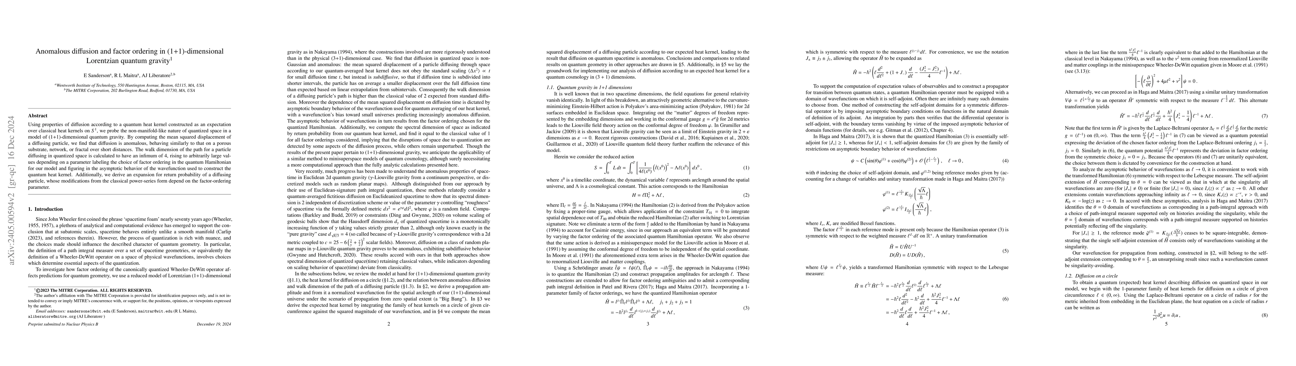 Thumbnail for Anomalous diffusion and factor ordering in (1+1)-dimensional Lorentzian
  quantum gravity