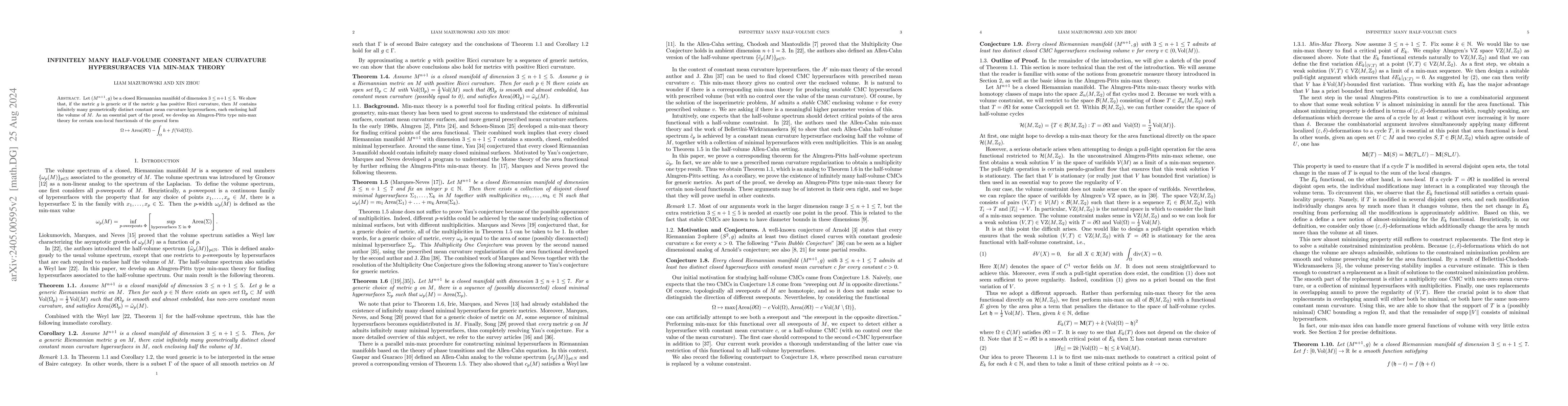 Thumbnail for Infinitely Many Half-Volume Constant Mean Curvature Hypersurfaces via
  Min-Max Theory