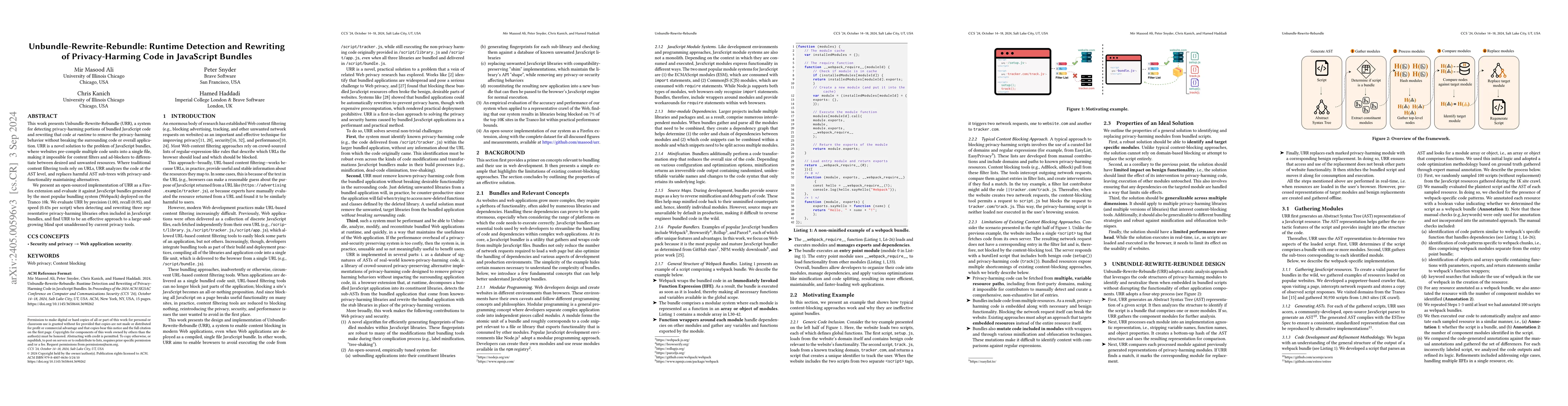 Thumbnail for Unbundle-Rewrite-Rebundle: Runtime Detection and Rewriting of
  Privacy-Harming Code in JavaScript Bundles