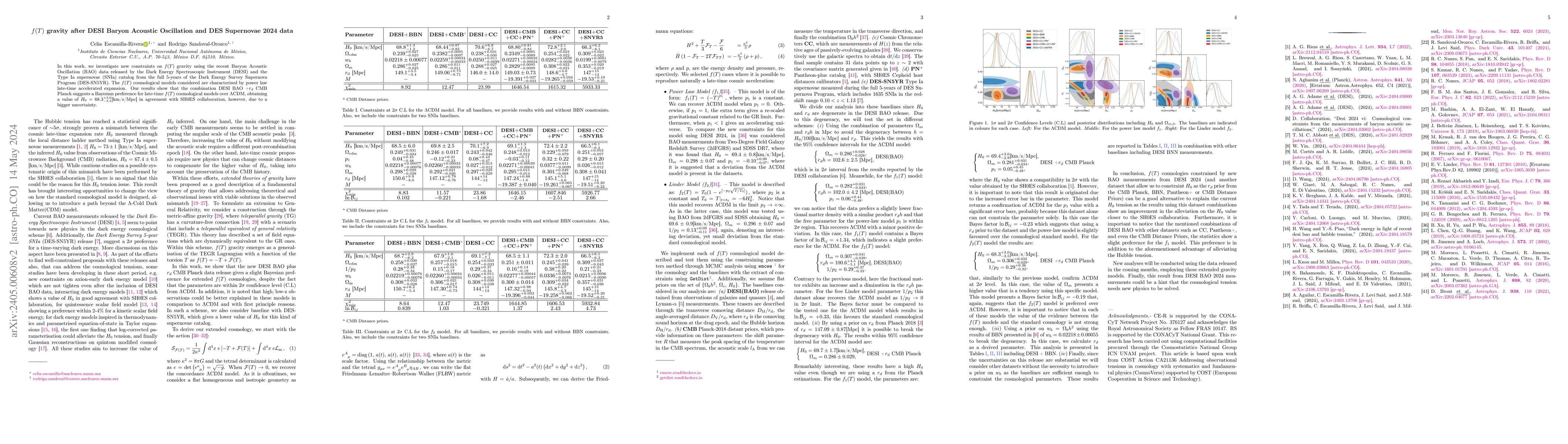 Thumbnail for $f(T)$ gravity after DESI Baryon Acoustic Oscillation and DES Supernovae
  2024 data