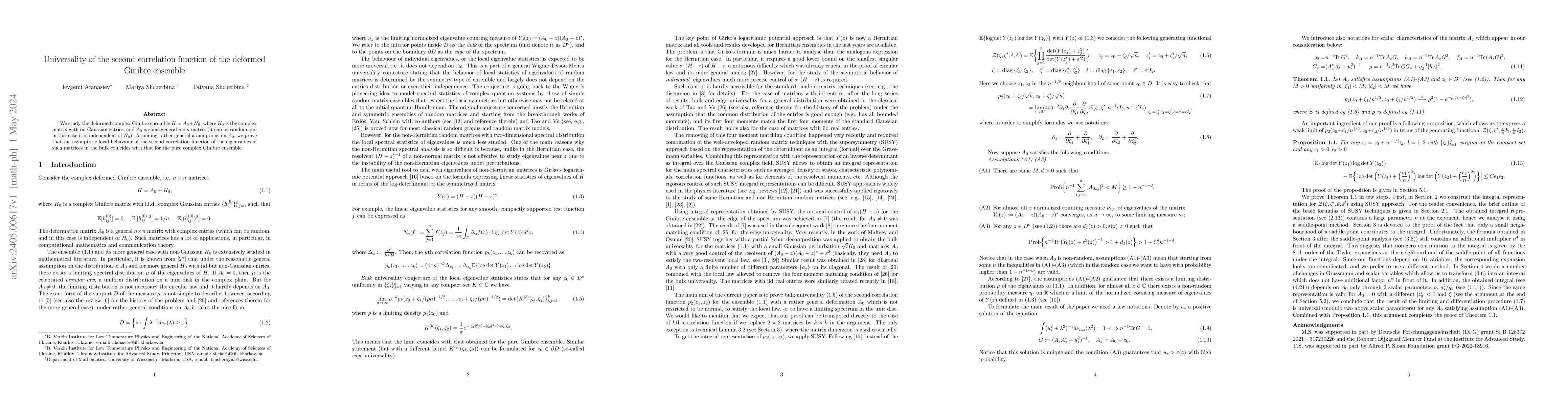 Thumbnail for Universality of the second correlation function of the deformed Ginibre
  ensemble