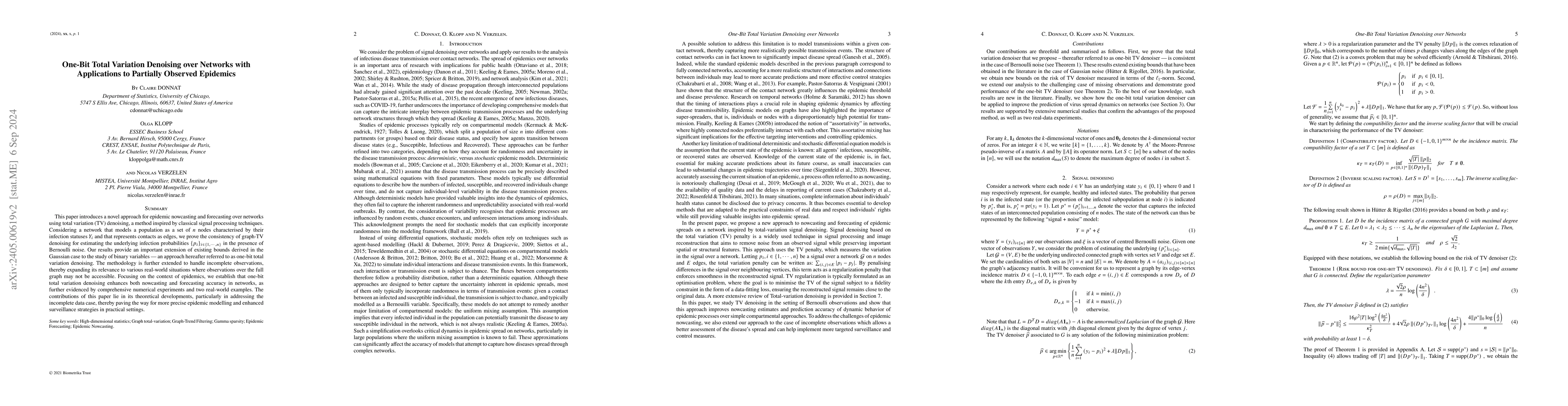 Thumbnail for One-Bit Total Variation Denoising over Networks with Applications to
  Partially Observed Epidemics