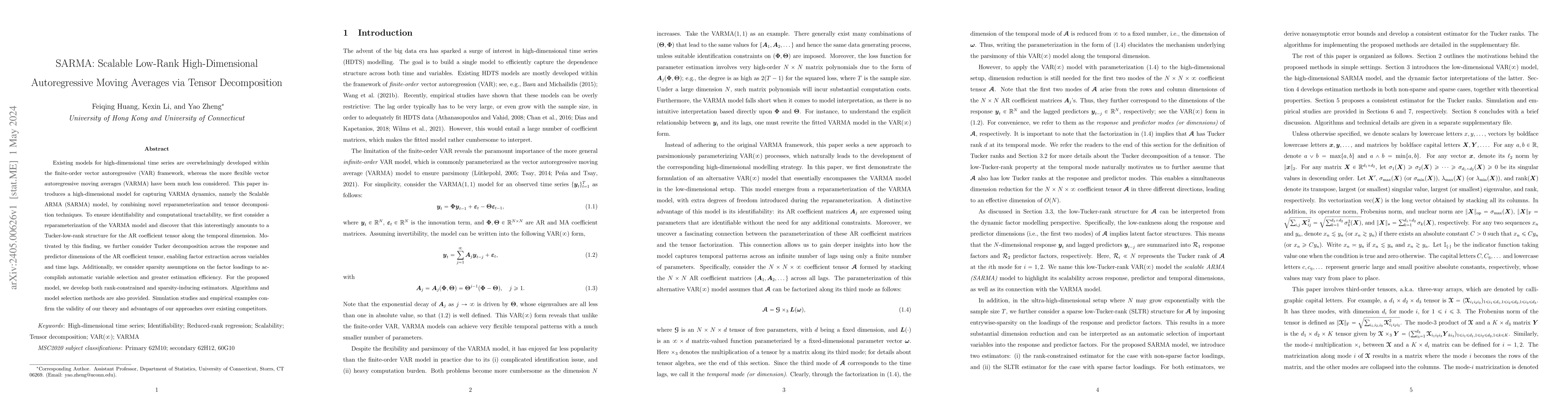 Thumbnail for SARMA: Scalable Low-Rank High-Dimensional Autoregressive Moving Averages
  via Tensor Decomposition