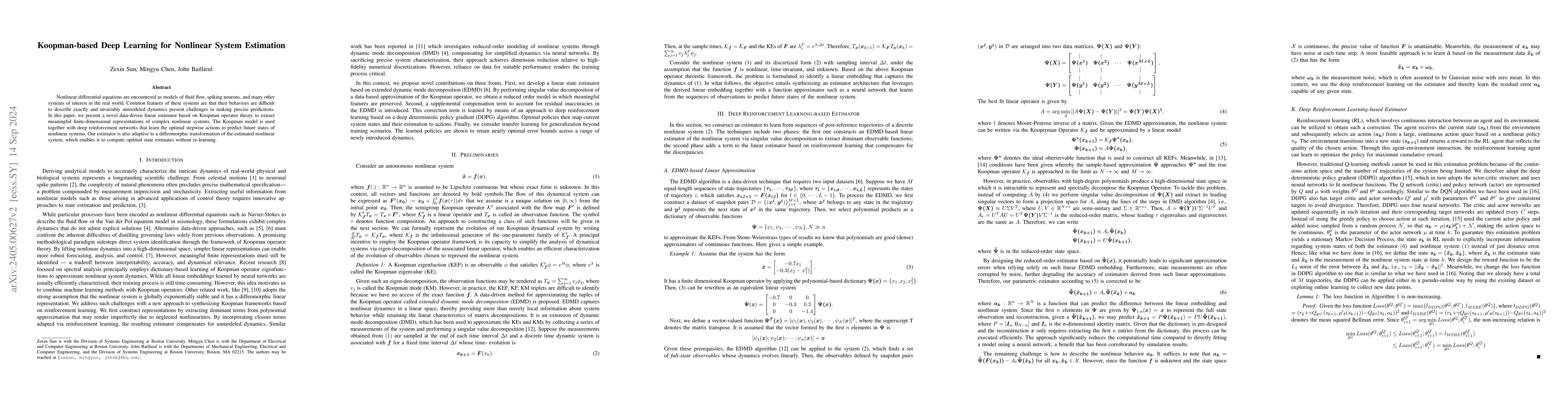 Thumbnail for Koopman-based Deep Learning for Nonlinear System Estimation