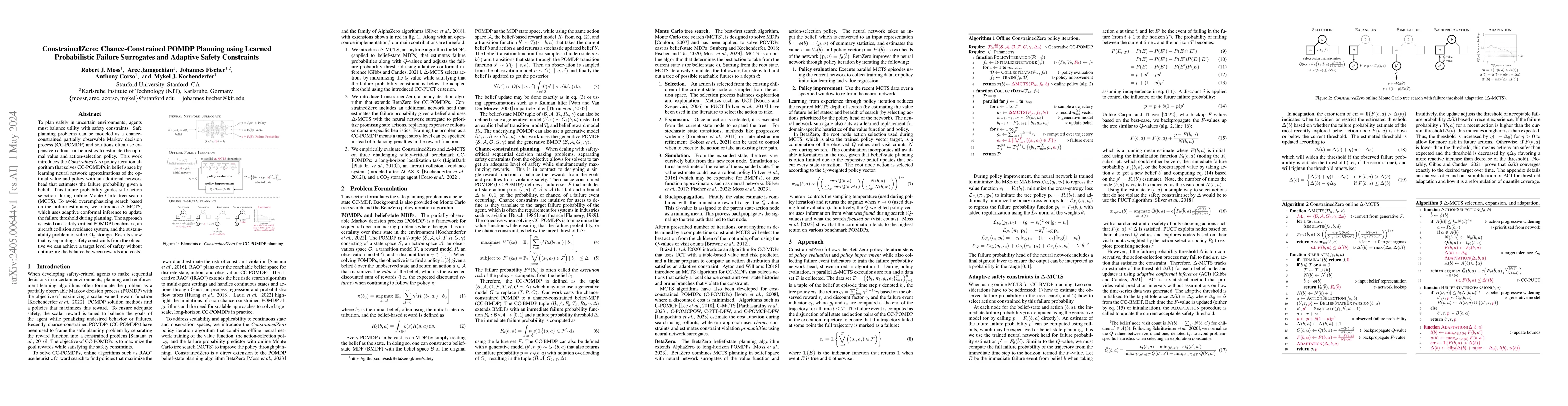 Thumbnail for ConstrainedZero: Chance-Constrained POMDP Planning using Learned
  Probabilistic Failure Surrogates and Adaptive Safety Constraints