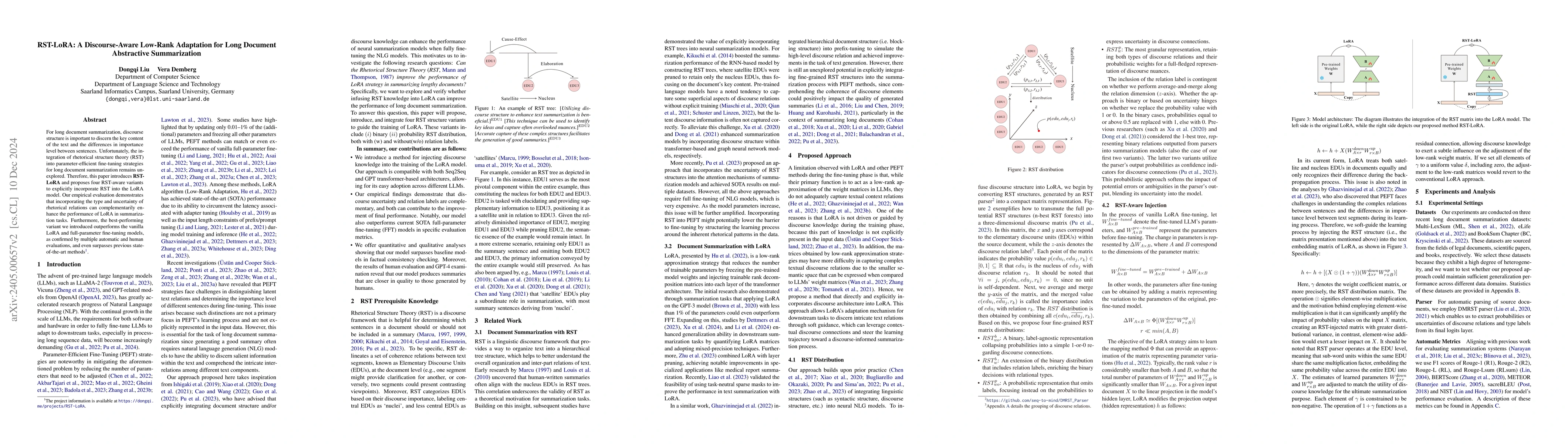 Thumbnail for RST-LoRA: A Discourse-Aware Low-Rank Adaptation for Long Document
  Abstractive Summarization