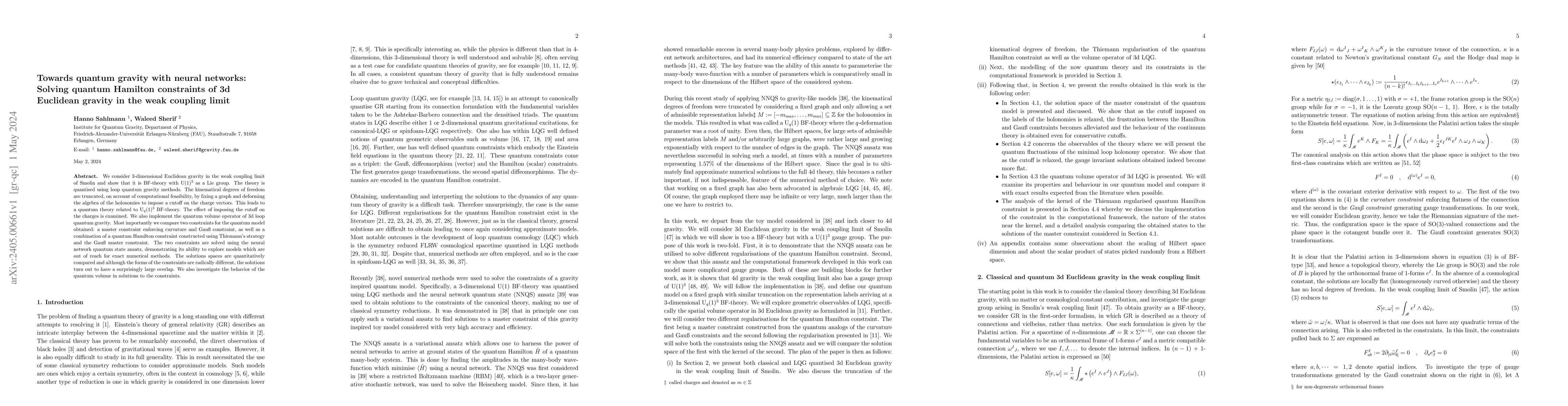Thumbnail for Towards quantum gravity with neural networks: Solving quantum Hamilton
  constraints of 3d Euclidean gravity in the weak coupling limit