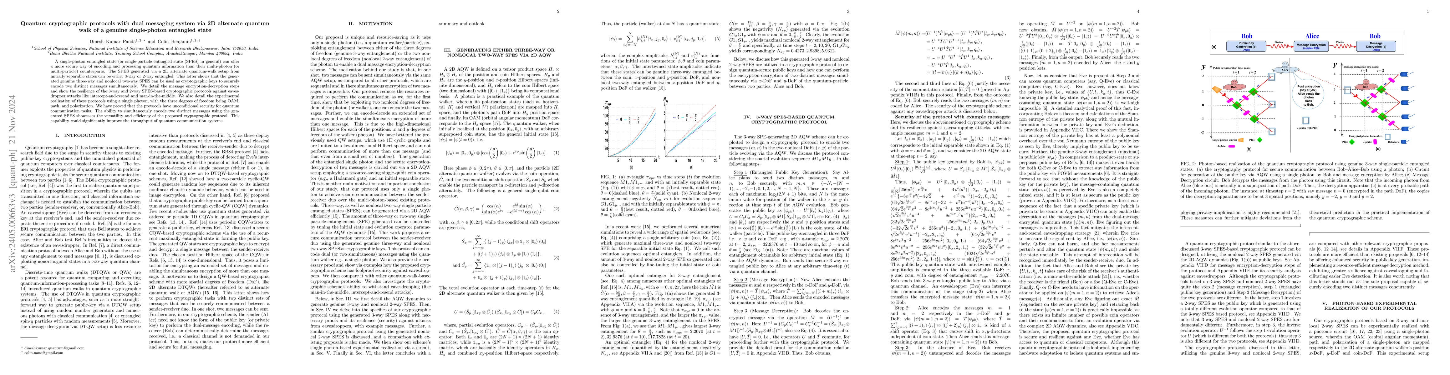 Thumbnail for Quantum cryptographic protocols with dual messaging system via 2D
  alternate quantum walks and genuine single particle entangled states