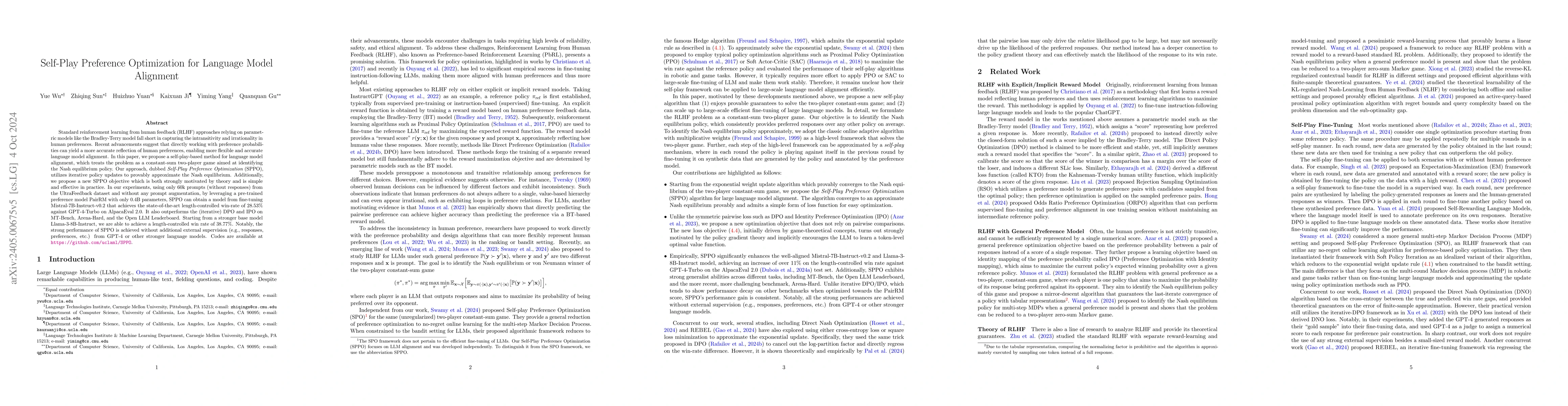 Thumbnail for Self-Play Preference Optimization for Language Model Alignment