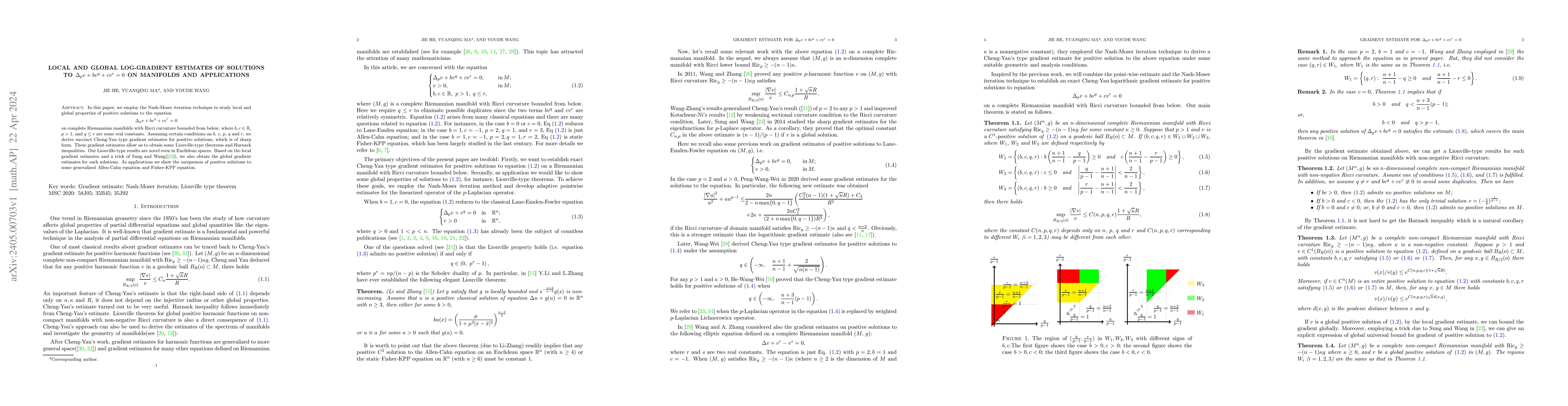 Thumbnail for Local and Global Log-Gradient estimates of solutions to
  $\Delta_pv+bv^q+cv^r =0$ on manifolds and applications