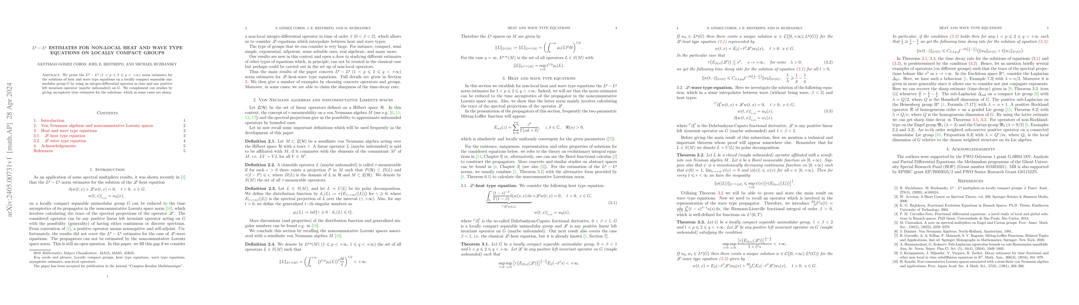 Thumbnail for $L^p-L^q$ estimates for non-local heat and wave type equations on
  locally compact groups