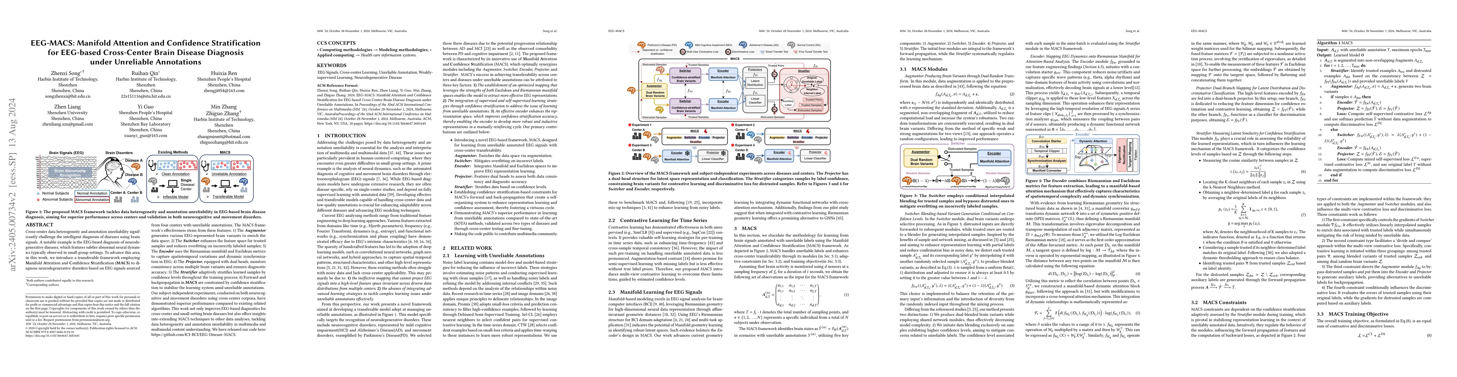 Thumbnail for EEG-MACS: Manifold Attention and Confidence Stratification for EEG-based
  Cross-Center Brain Disease Diagnosis under Unreliable Annotations