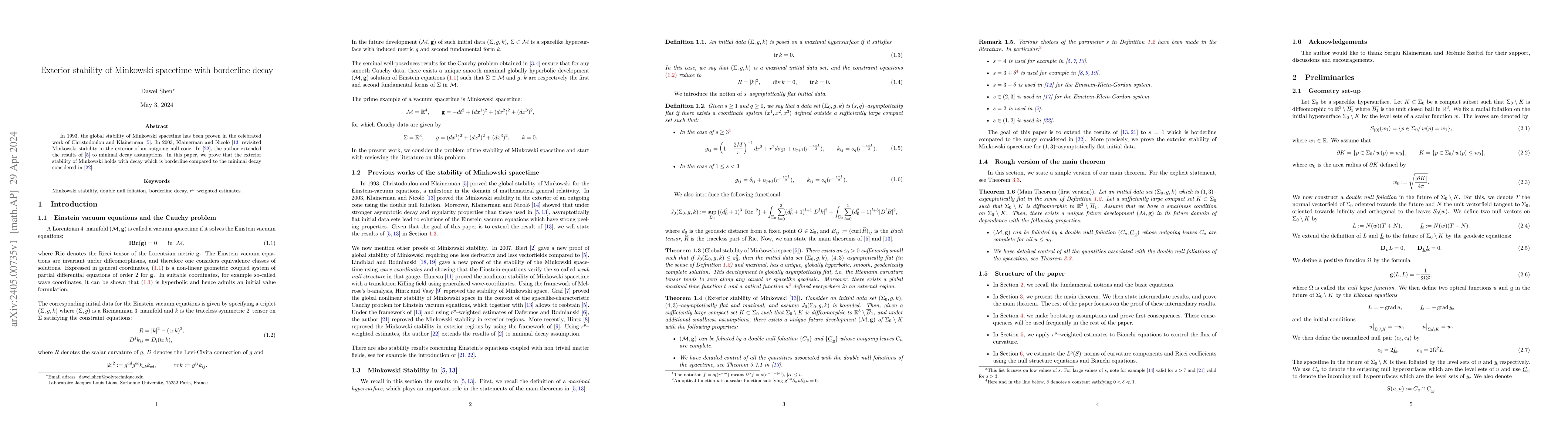 Thumbnail for Exterior stability of Minkowski spacetime with borderline decay