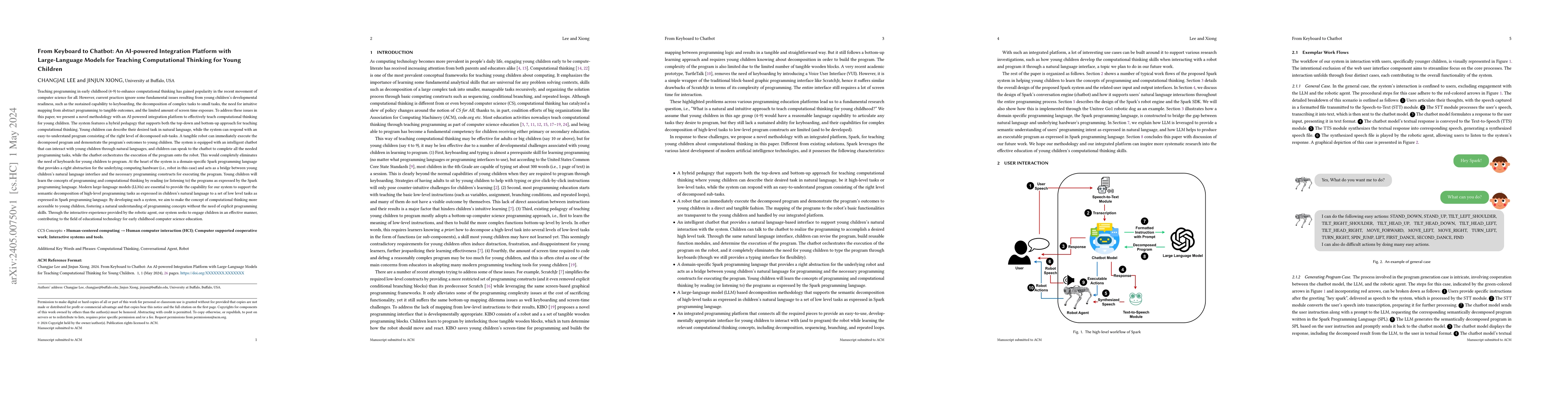 Thumbnail for From Keyboard to Chatbot: An AI-powered Integration Platform with
  Large-Language Models for Teaching Computational Thinking for Young Children