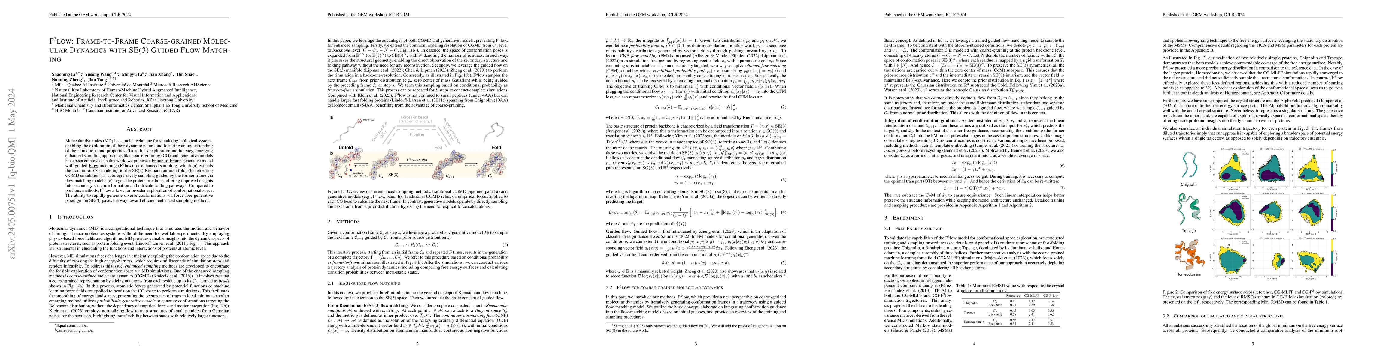 Thumbnail for F$^3$low: Frame-to-Frame Coarse-grained Molecular Dynamics with SE(3)
  Guided Flow Matching