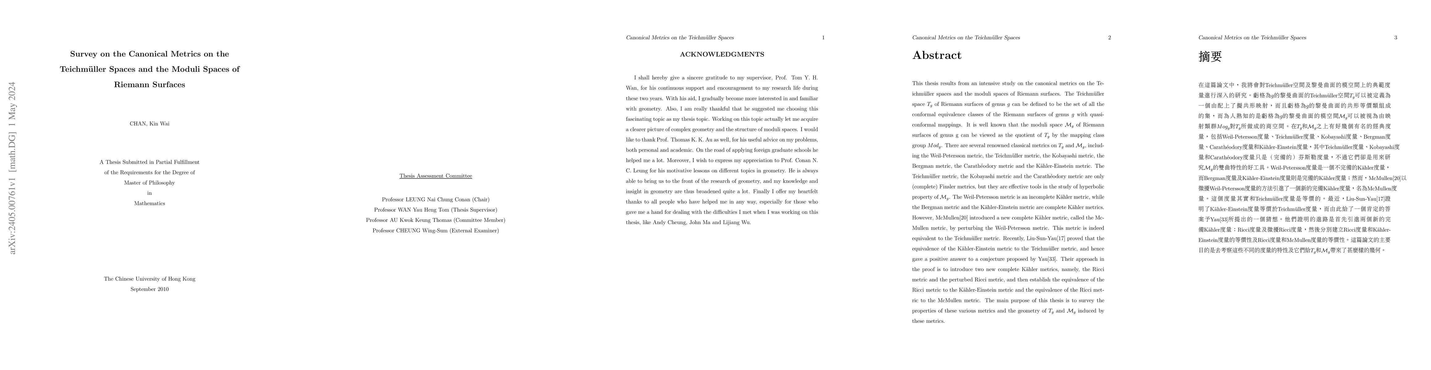 Thumbnail for Survey on the Canonical Metrics on the Teichm\"{u}ller Spaces and the
  Moduli Spaces of Riemann Surfaces