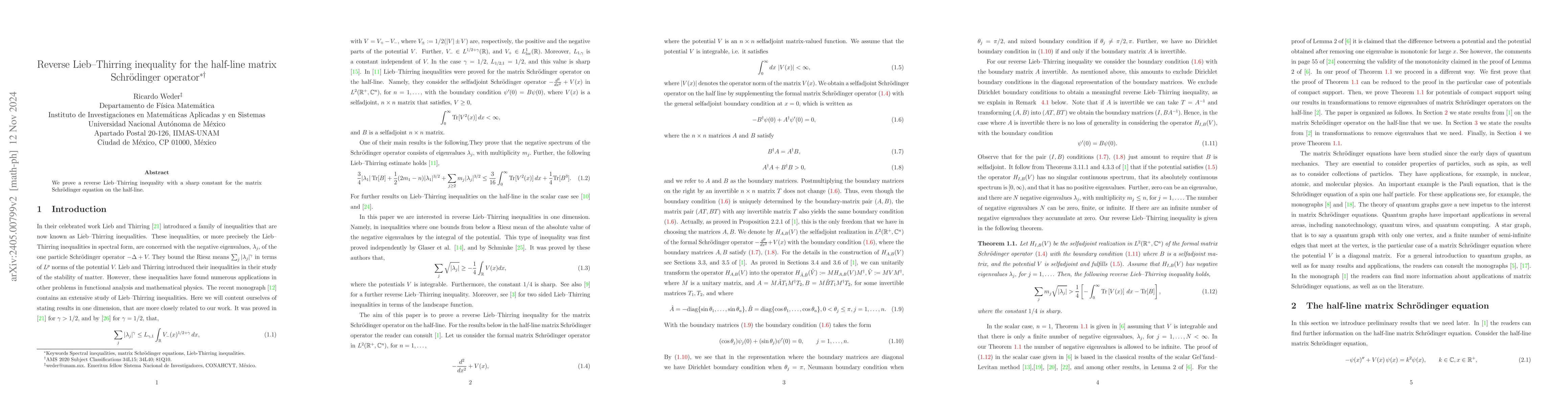 Thumbnail for Reverse Lieb--Thirring inequality for the half-line matrix Schr\"odinger
  operator