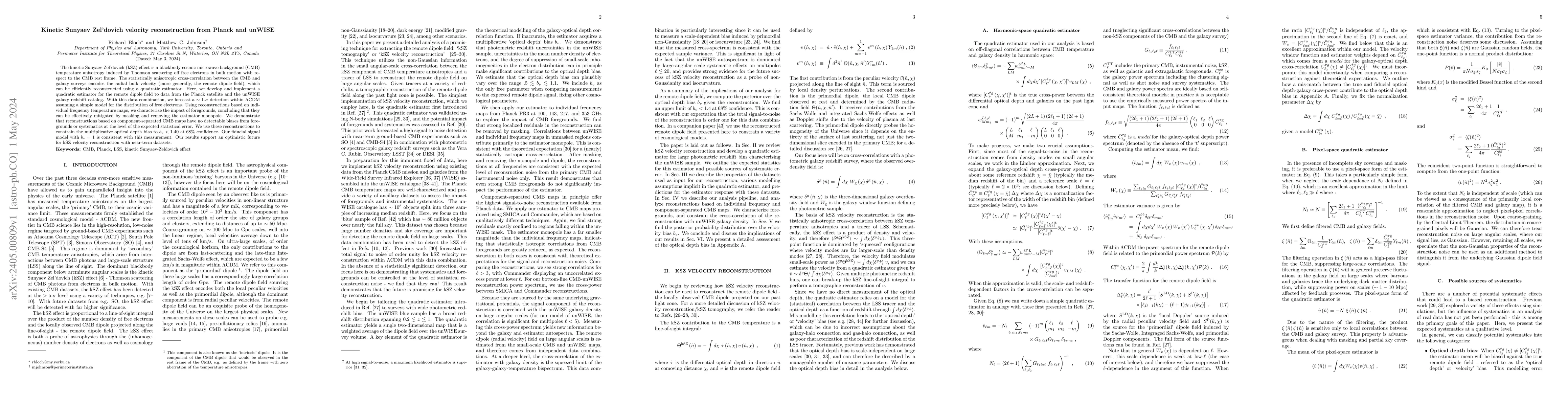 Thumbnail for Kinetic Sunyaev Zel'dovich velocity reconstruction from Planck and
  unWISE