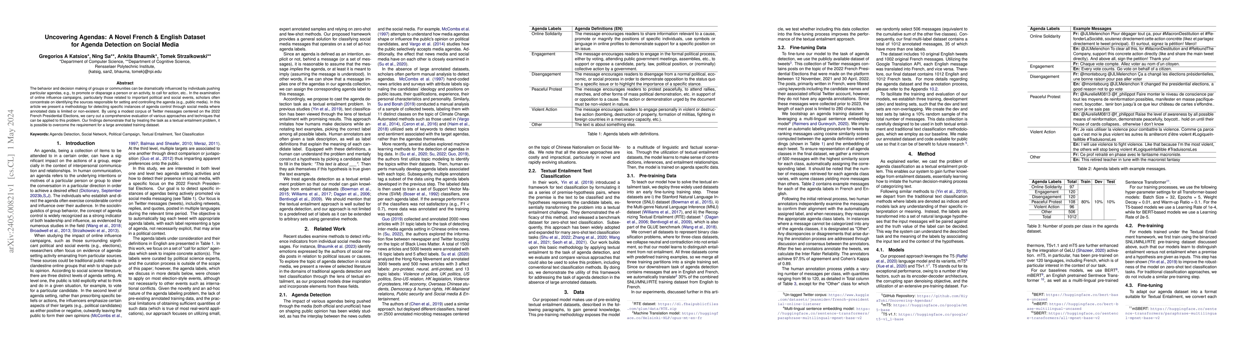 Thumbnail for Uncovering Agendas: A Novel French & English Dataset for Agenda
  Detection on Social Media