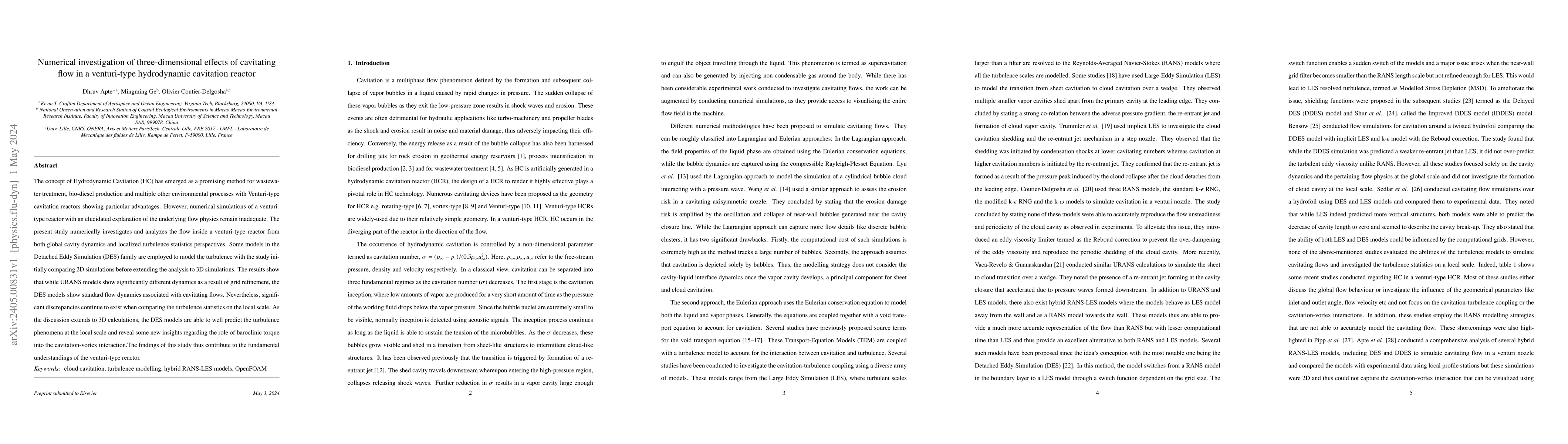 Thumbnail for Numerical investigation of three-dimensional effects of cavitating flow
  in a venturi-type hydrodynamic cavitation reactor