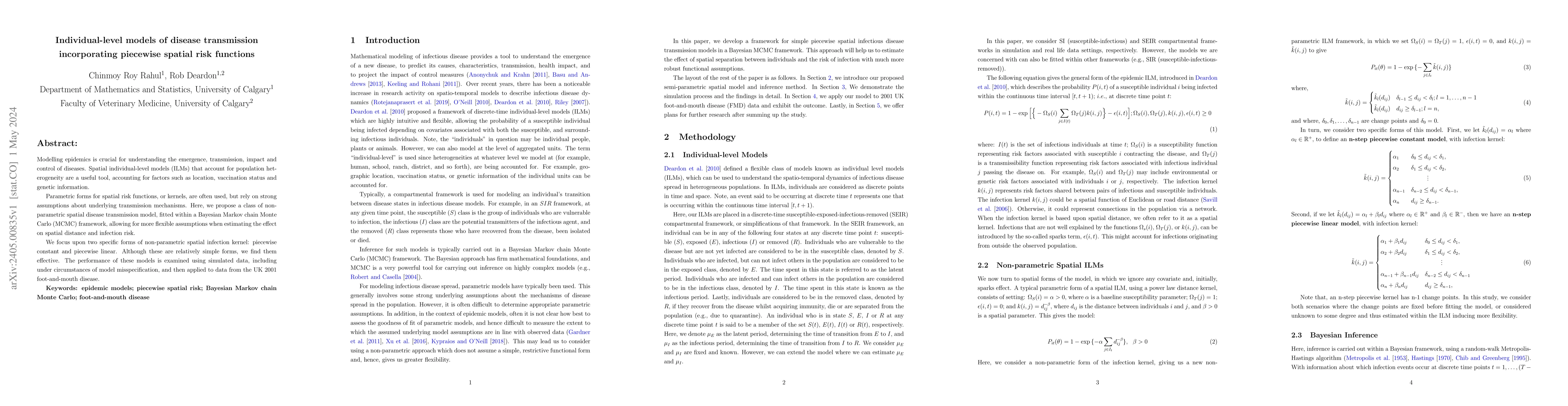 Thumbnail for Individual-level models of disease transmission incorporating piecewise
  spatial risk functions
