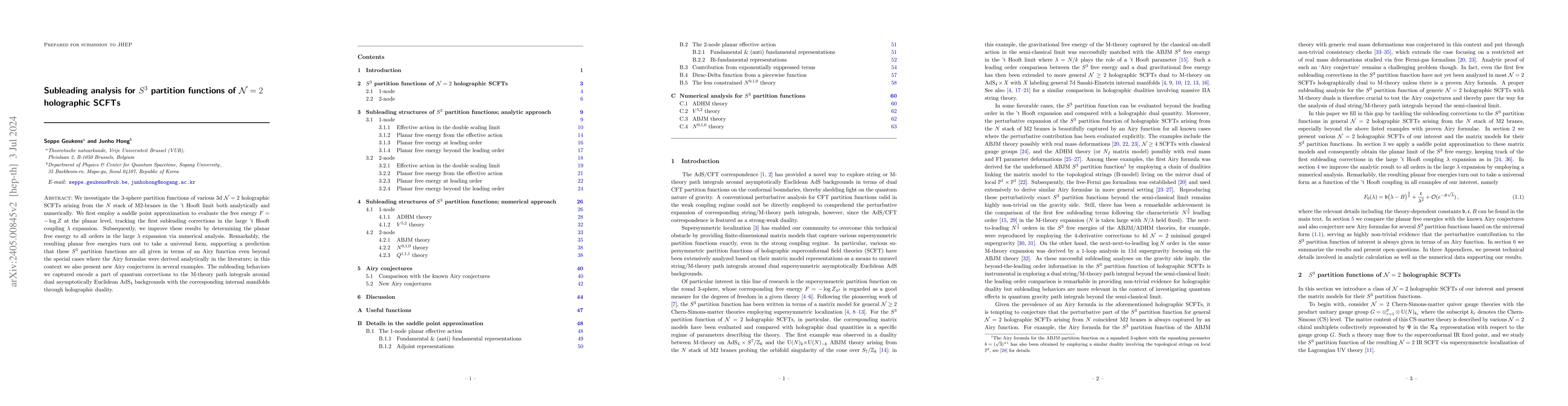 Thumbnail for Subleading analysis for $S^3$ partition functions of $\mathcal{N}=2$
  holographic SCFTs