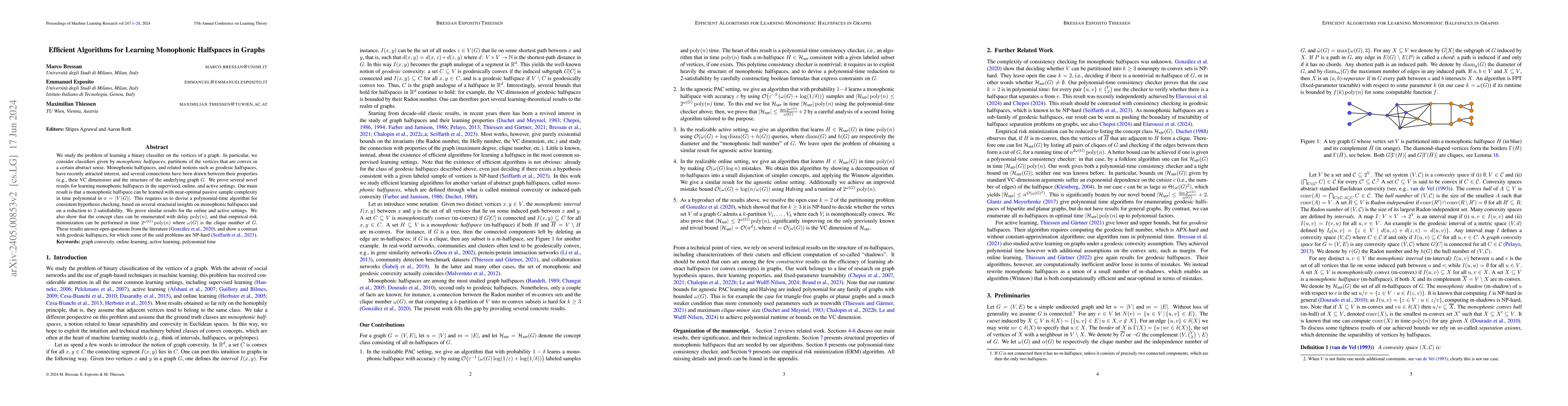 Thumbnail for Efficient Algorithms for Learning Monophonic Halfspaces in Graphs