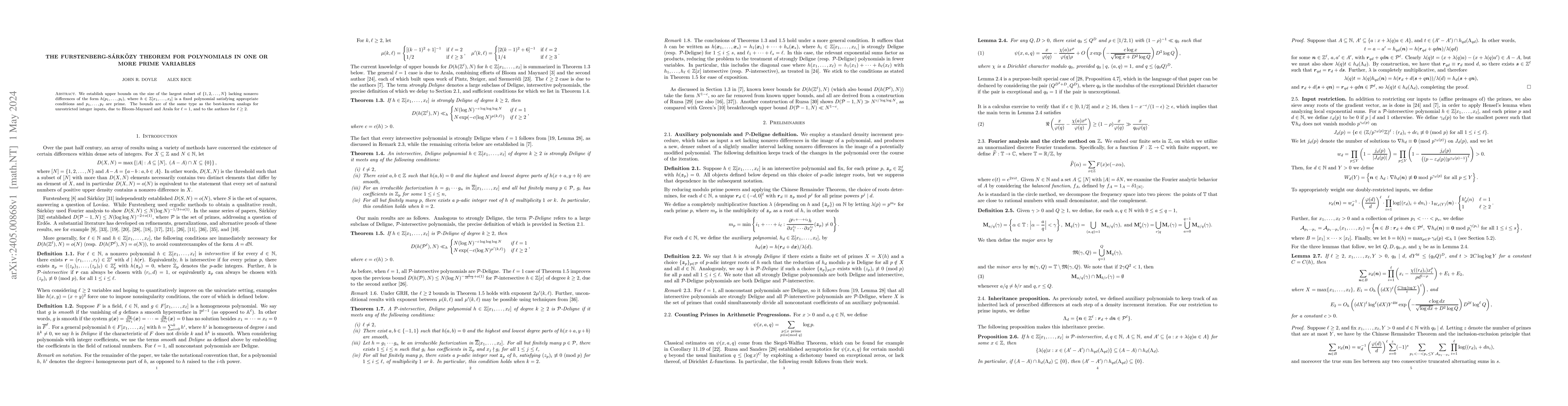 Thumbnail for The Furstenberg-S\'ark\"ozy theorem for polynomials in one or more prime
  variables