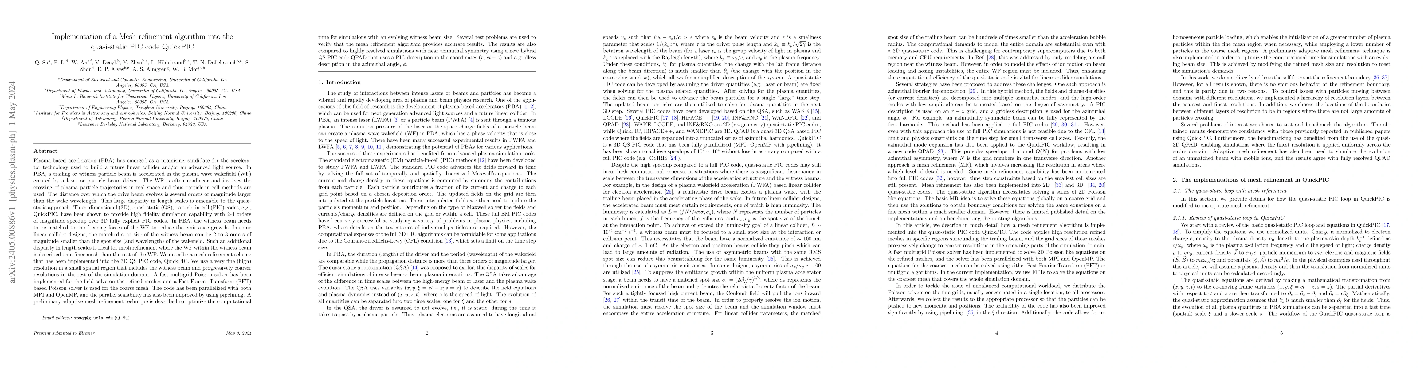 Thumbnail for Implementation of a Mesh refinement algorithm into the quasi-static PIC
  code QuickPIC